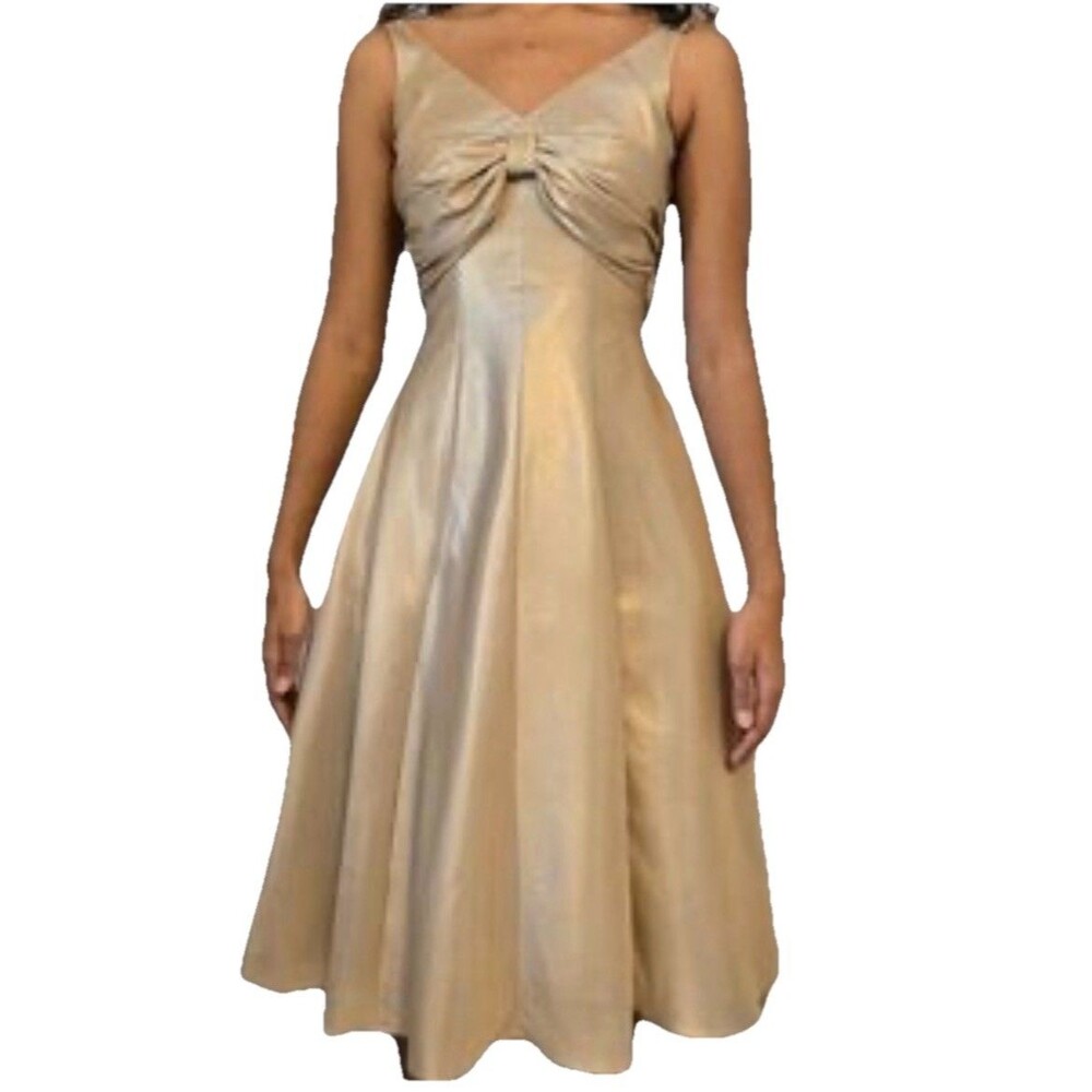 VTG Y2K Night Way Metallic Shimmer MIDI  Dress Gown Size 14 Bow Tie Back Grunge